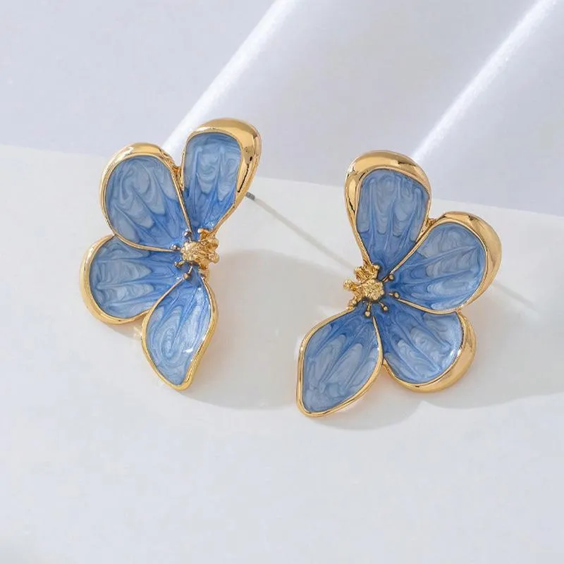 Alloy three-dimensional flower drop dangle earrings in blue and red for women