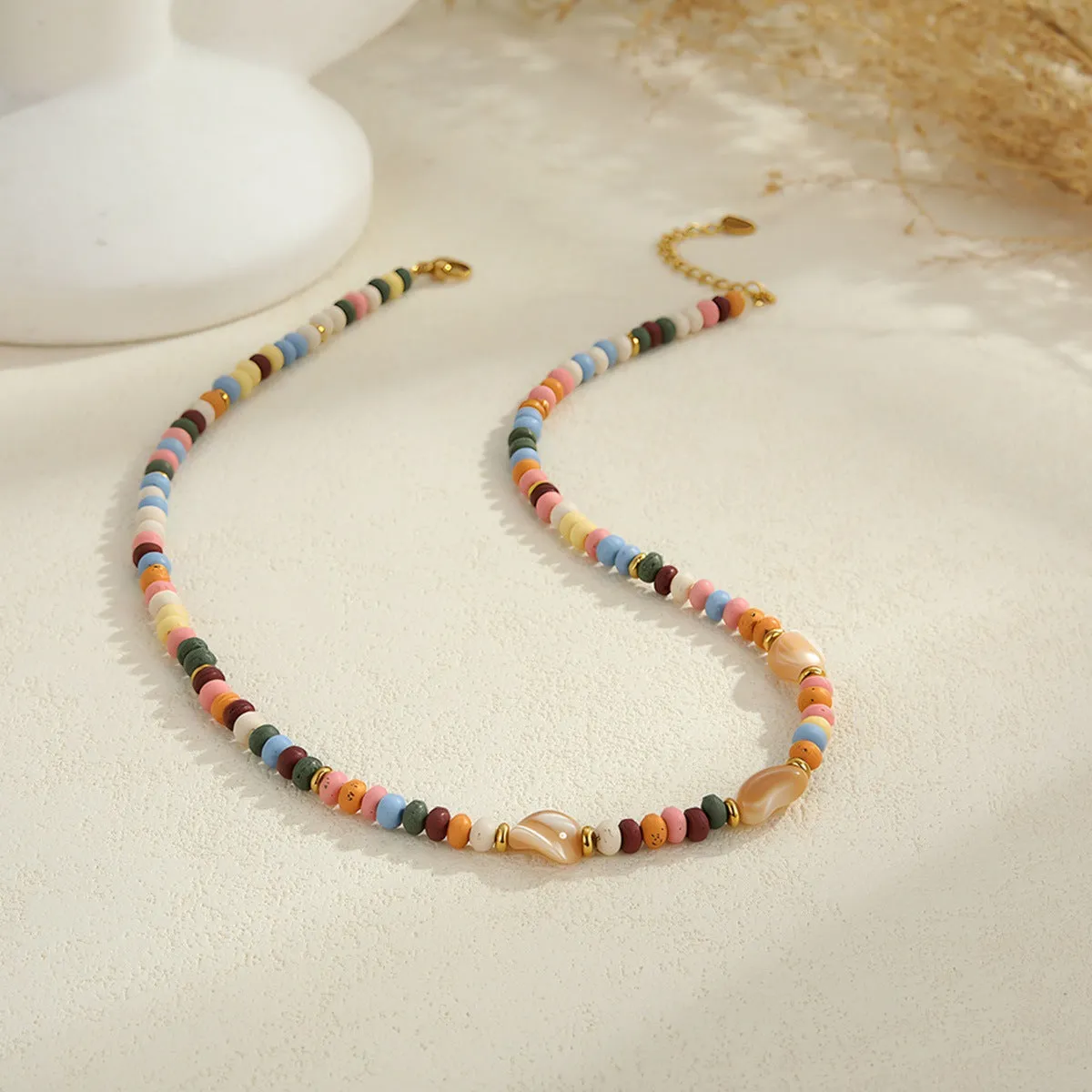 18K gold plated stainless steel necklace with natural stone beads geometric pendant women's jewellery