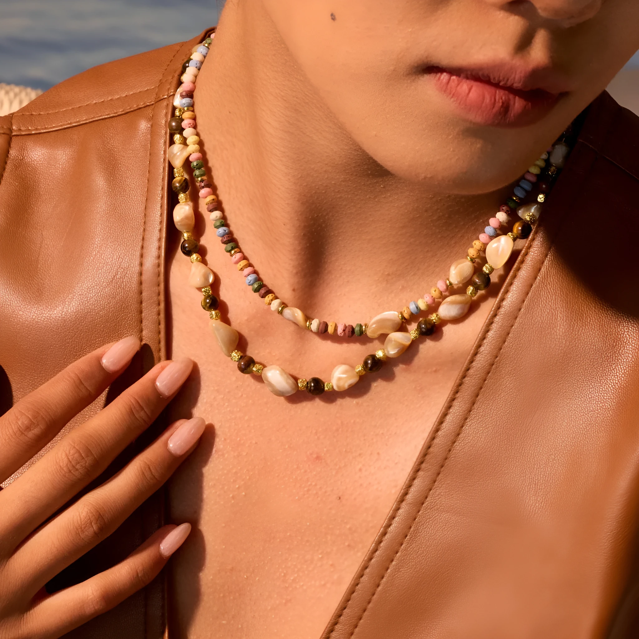 18K gold plated stainless steel necklace with natural stone beads geometric pendant women's jewellery