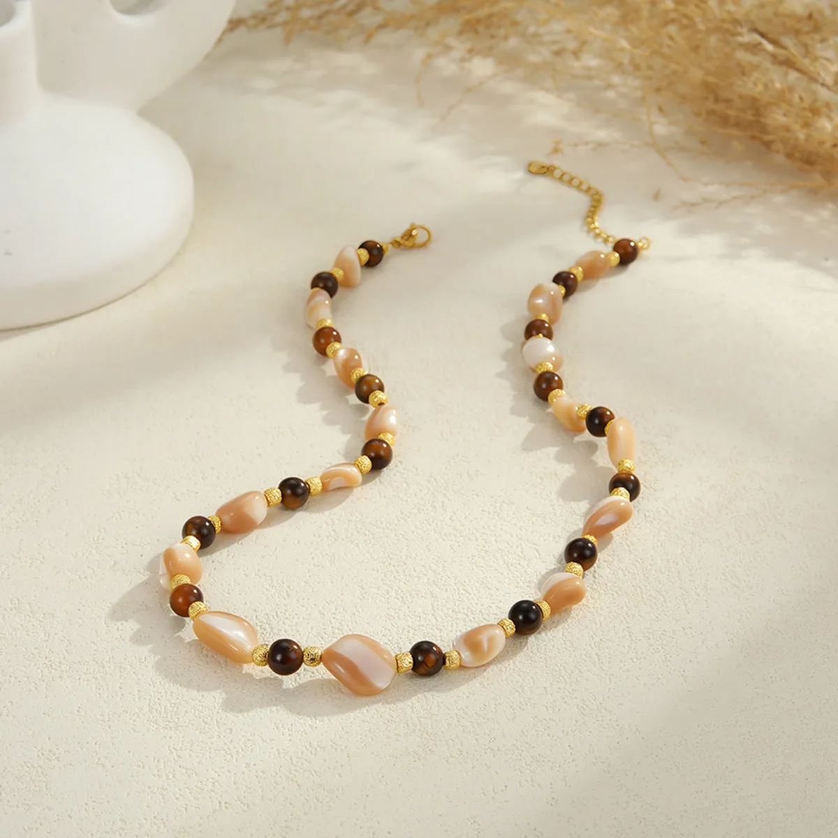 18K gold plated stainless steel necklace with natural stone beads geometric pendant women's jewellery