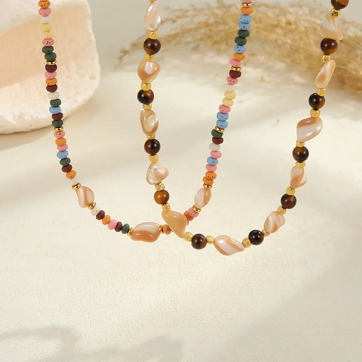 18K gold plated stainless steel necklace with natural stone beads geometric pendant women's jewellery