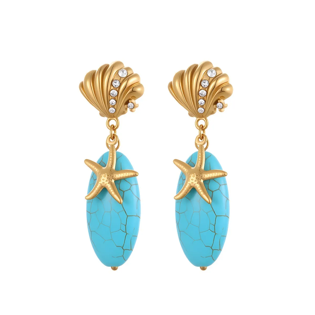Natural turquoise stone earrings in stainless steel with 18K electroplated gold-tone geometric star shape