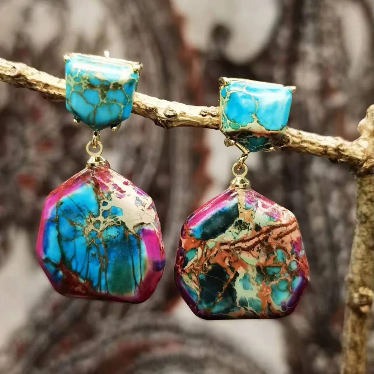 Emperor stone geometric retro ethnic style stud earrings for women, one pair, natural stone finish