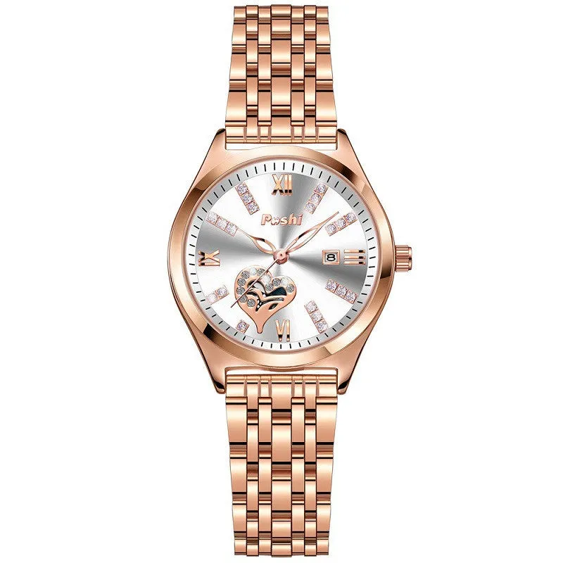 Women's casual alloy strap watch with Roman numeral rhinestone dial, luminous hands, and calendar window
