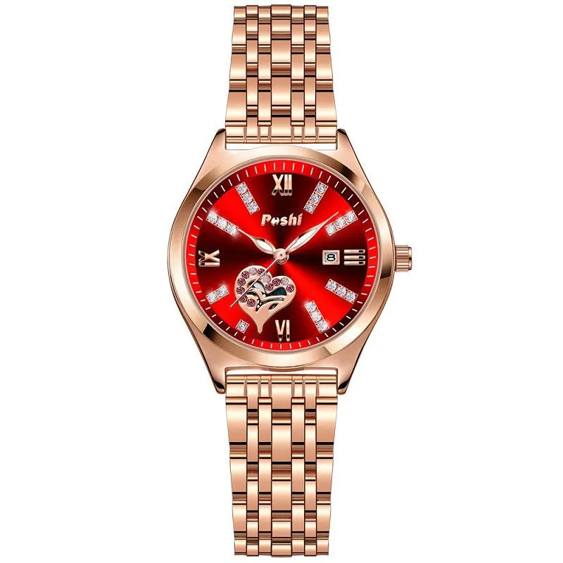 Women's casual alloy strap watch with Roman numeral rhinestone dial, luminous hands, and calendar window