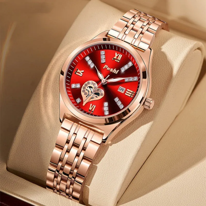Women's casual alloy strap watch with Roman numeral rhinestone dial, luminous hands, and calendar window