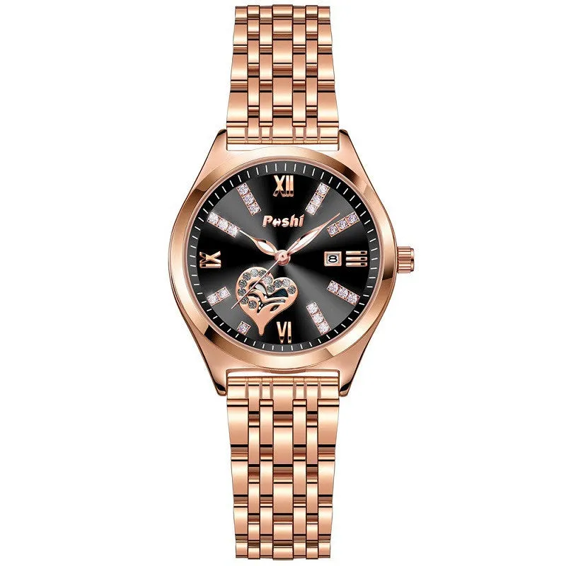 Women's casual alloy strap watch with Roman numeral rhinestone dial, luminous hands, and calendar window