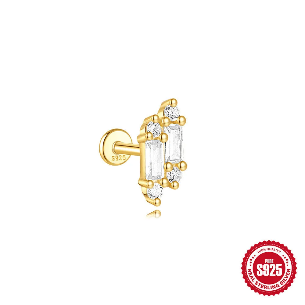 S925 sterling silver geometric kite earrings with rhinestones and a dangling chain tassel in a gold tone finish.