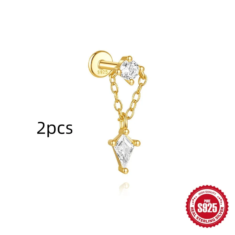 S925 sterling silver geometric kite earrings with rhinestones and a dangling chain tassel in a gold tone finish.