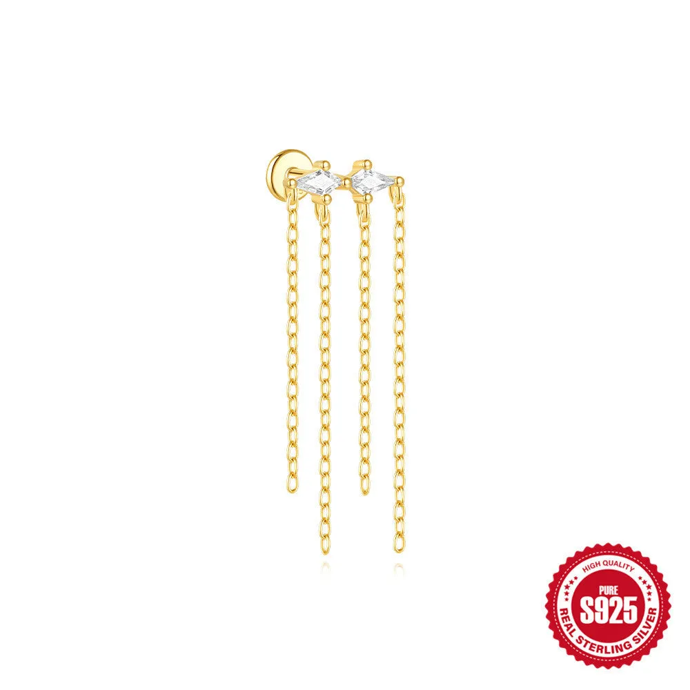 S925 sterling silver geometric kite earrings with rhinestones and a dangling chain tassel in a gold tone finish.