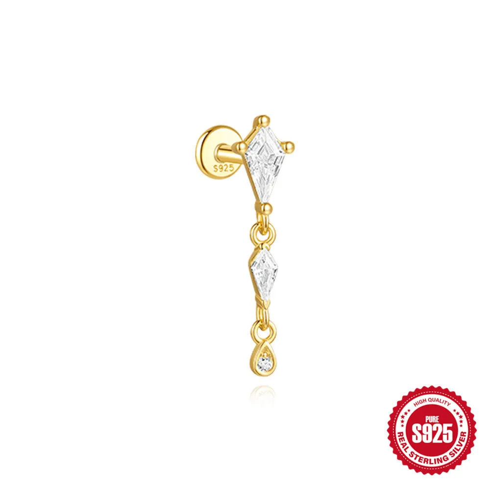 S925 sterling silver geometric kite earrings with rhinestones and a dangling chain tassel in a gold tone finish.
