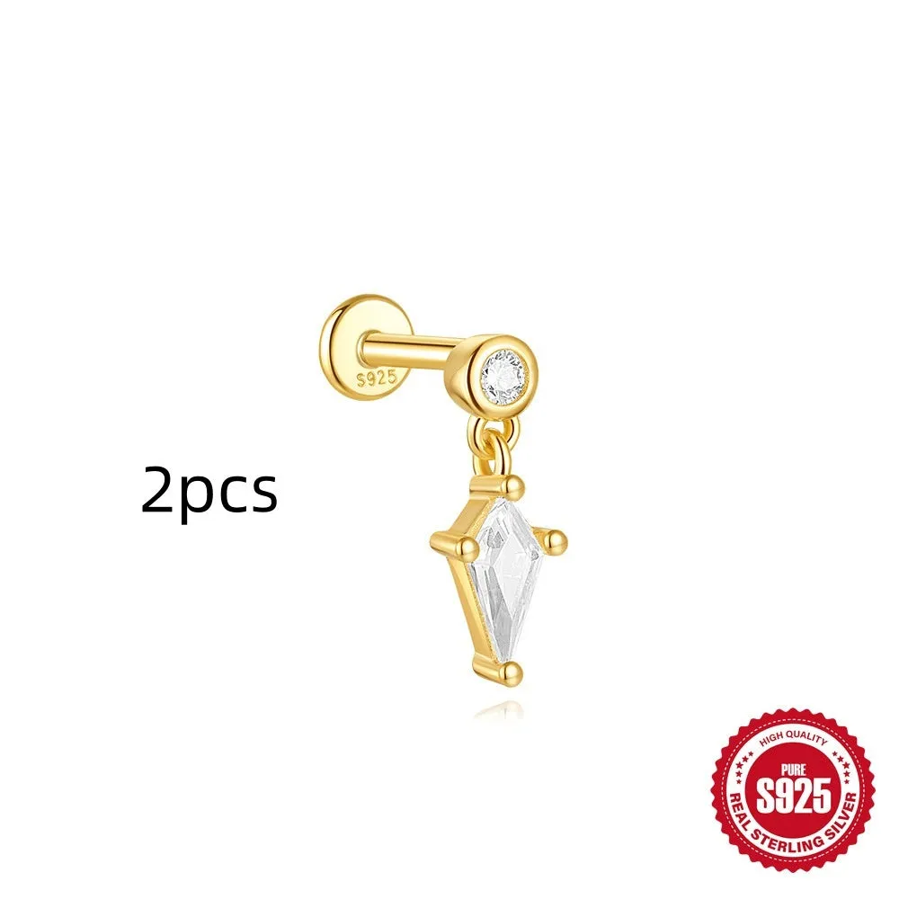 S925 sterling silver geometric kite earrings with rhinestones and a dangling chain tassel in a gold tone finish.
