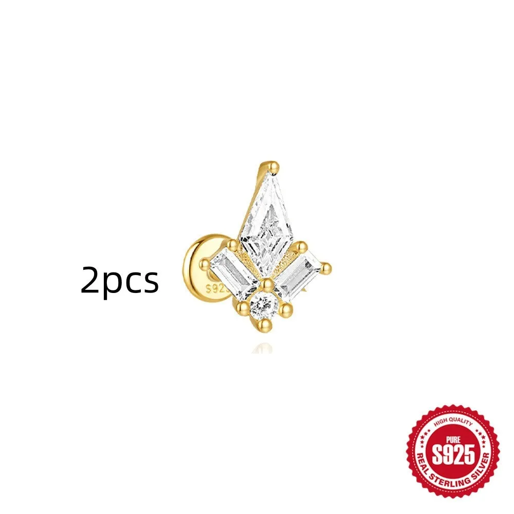 S925 sterling silver geometric kite earrings with rhinestones and a dangling chain tassel in a gold tone finish.