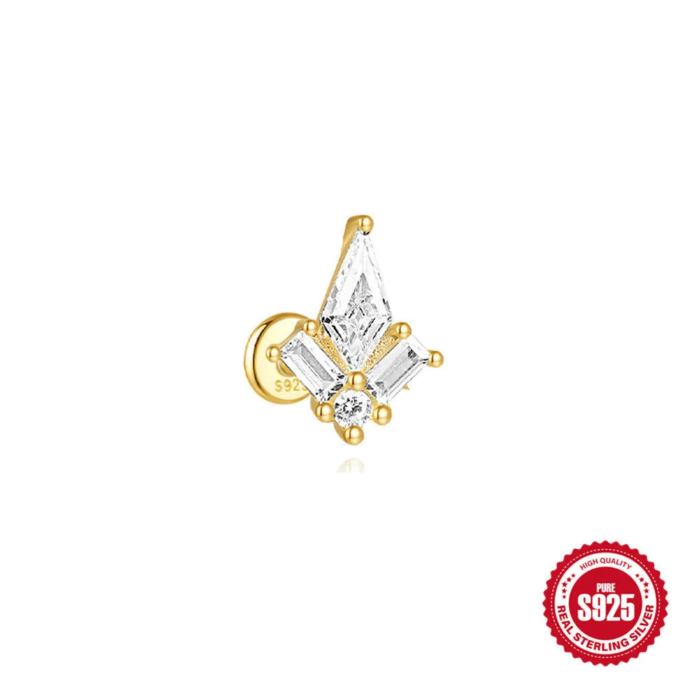 S925 sterling silver geometric kite earrings with rhinestones and a dangling chain tassel in a gold tone finish.