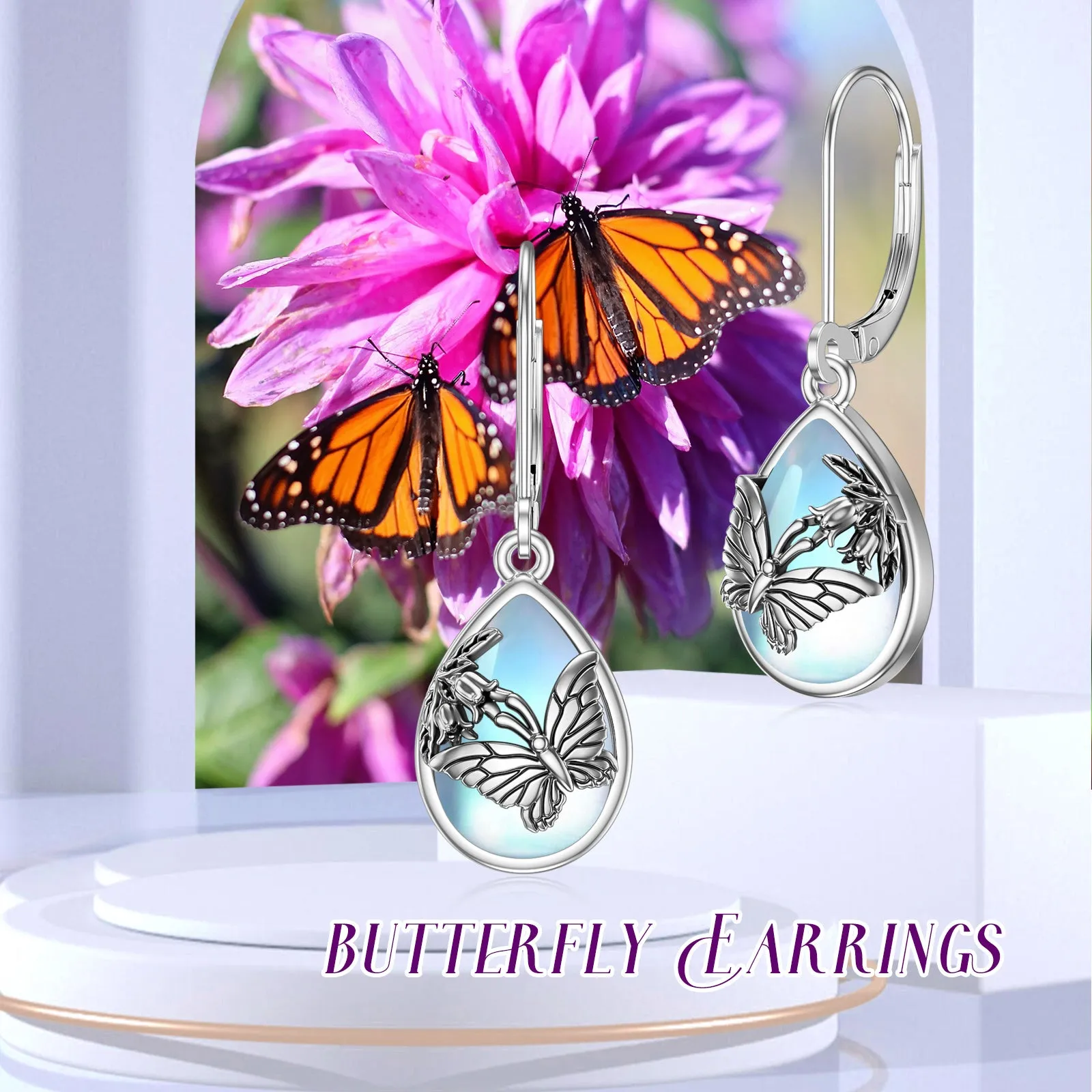 925 sterling silver butterfly moonstone leverback earrings for women, silver colour, on display