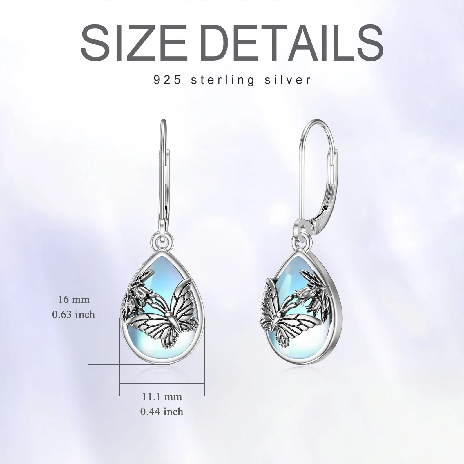 925 sterling silver butterfly moonstone leverback earrings for women, silver colour, on display