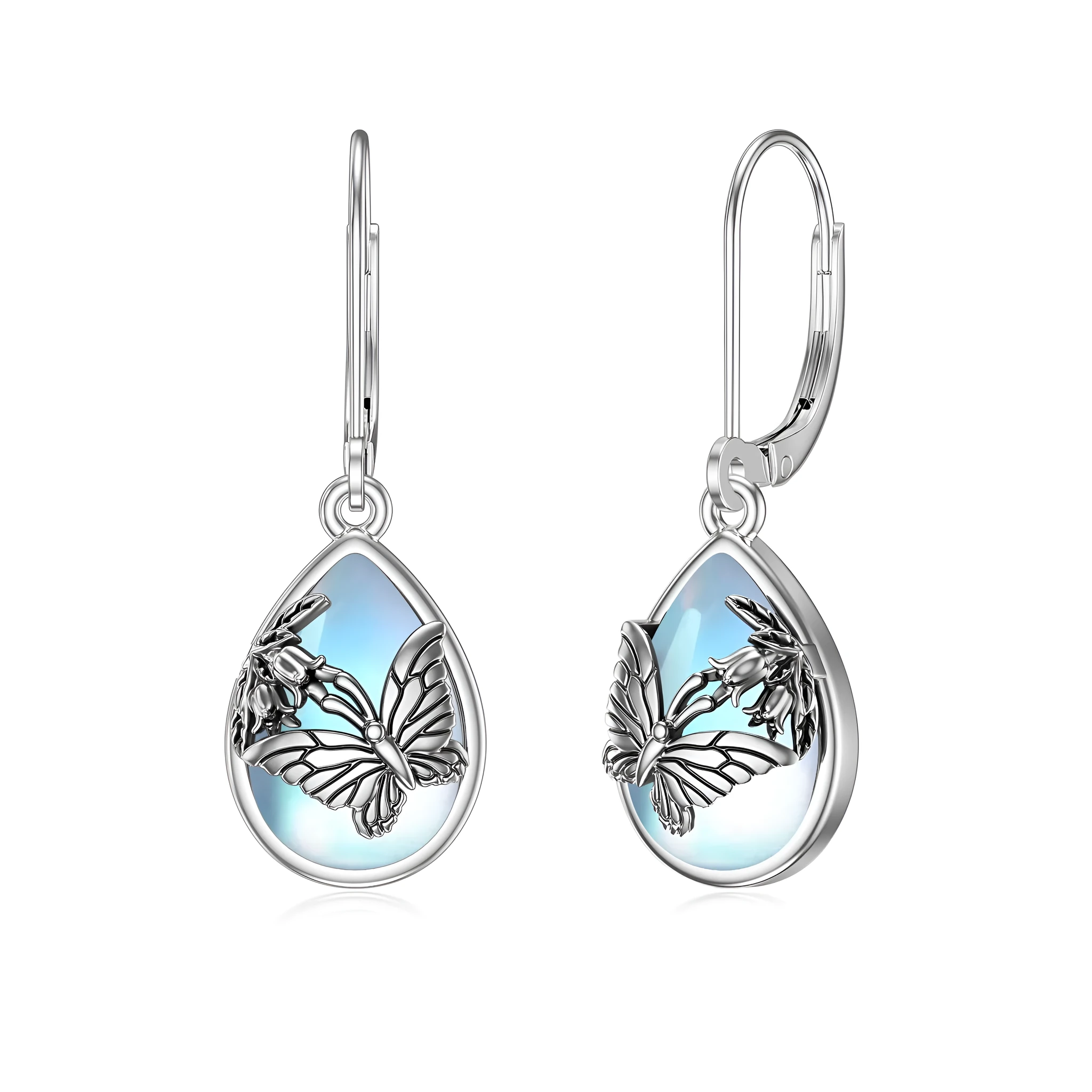925 sterling silver butterfly moonstone leverback earrings for women, silver colour, on display