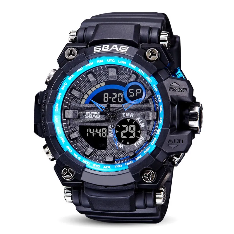 Dual display electronic outdoor LED watch with luminous hands, alarm, and moon phase functions in 50mm alloy case and silicone strap