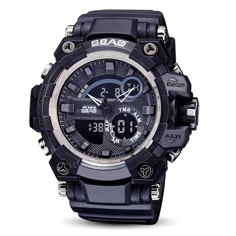 Dual display electronic outdoor LED watch with luminous hands, alarm, and moon phase functions in 50mm alloy case and silicone strap