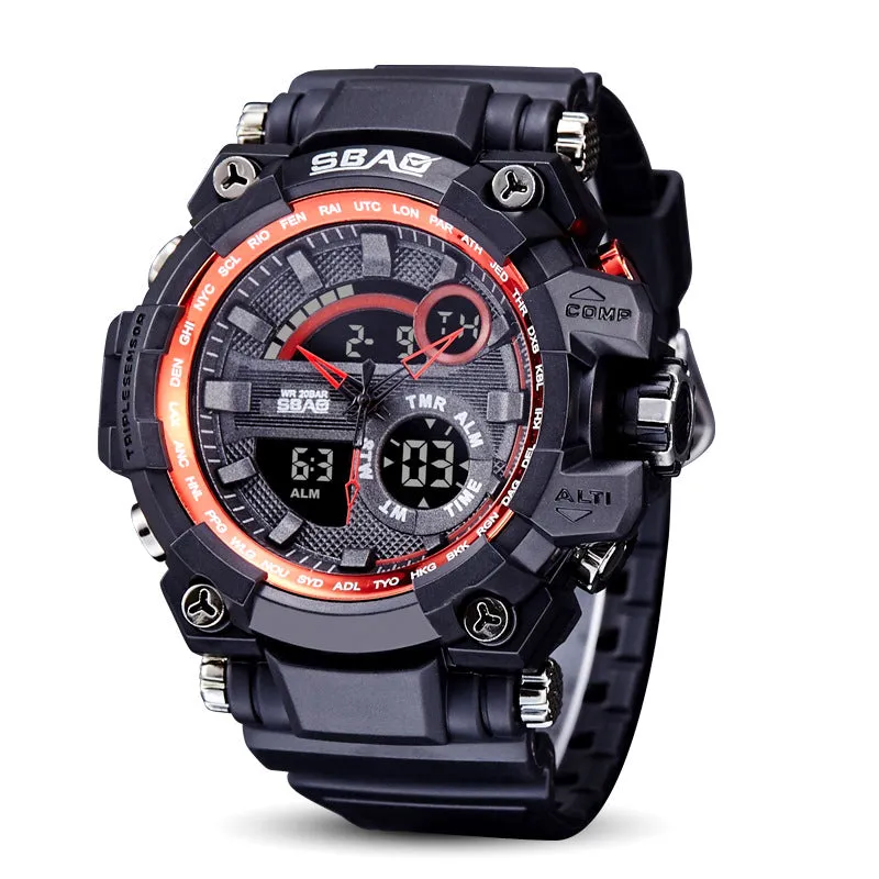 Dual display electronic outdoor LED watch with luminous hands, alarm, and moon phase functions in 50mm alloy case and silicone strap