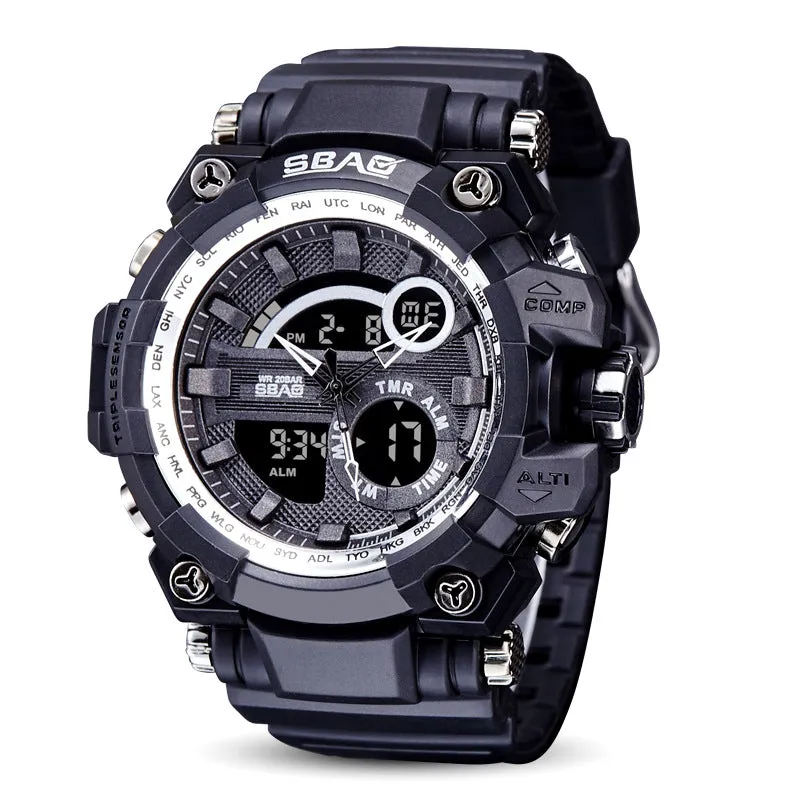 Dual display electronic outdoor LED watch with luminous hands, alarm, and moon phase functions in 50mm alloy case and silicone strap