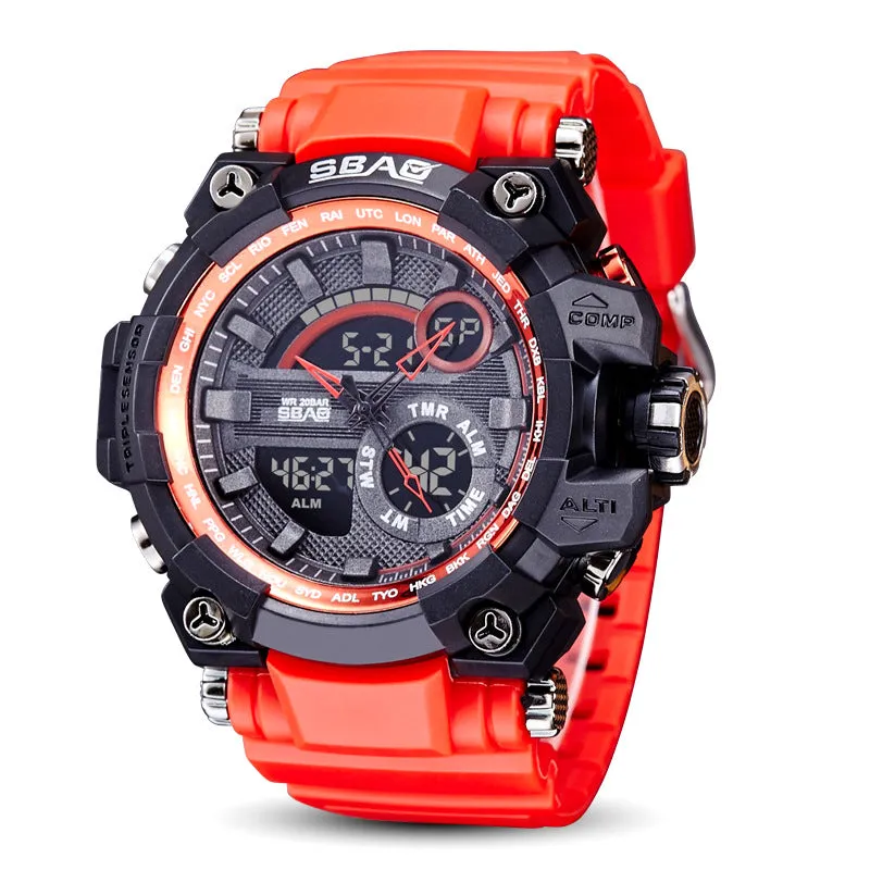 Dual display electronic outdoor LED watch with luminous hands, alarm, and moon phase functions in 50mm alloy case and silicone strap