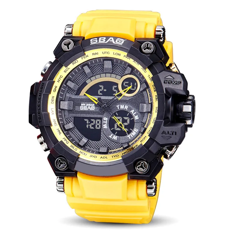 Dual display electronic outdoor LED watch with luminous hands, alarm, and moon phase functions in 50mm alloy case and silicone strap