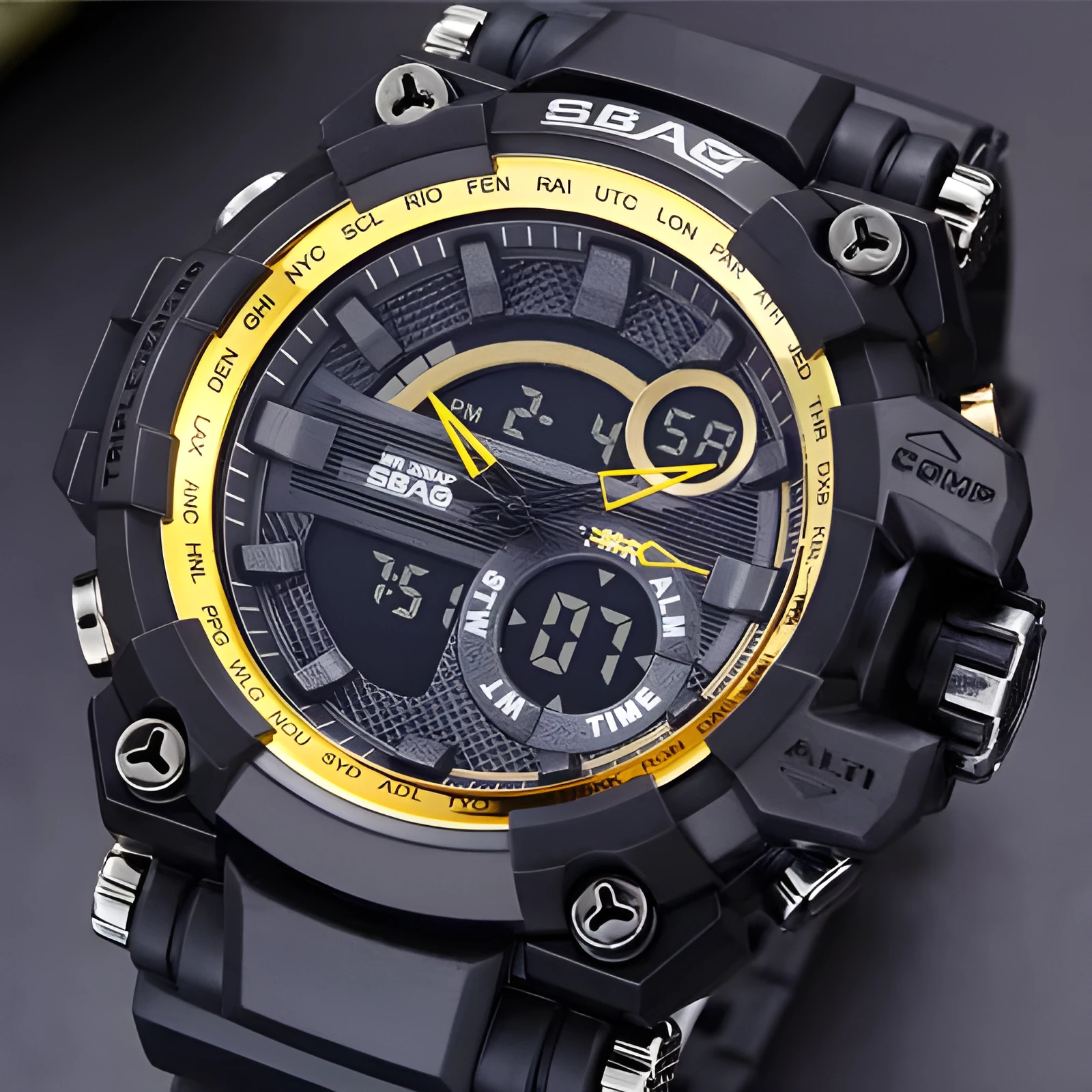 Dual display electronic outdoor LED watch with luminous hands, alarm, and moon phase functions in 50mm alloy case and silicone strap