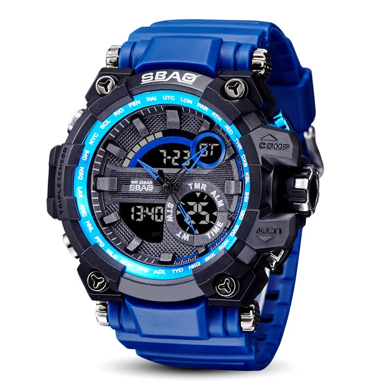 Dual display electronic outdoor LED watch with luminous hands, alarm, and moon phase functions in 50mm alloy case and silicone strap