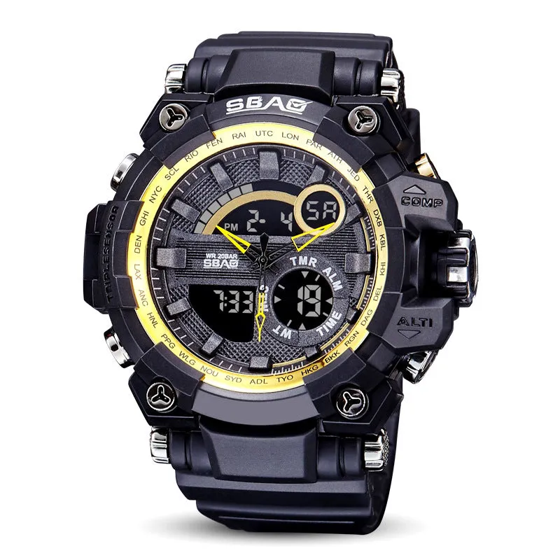 Dual display electronic outdoor LED watch with luminous hands, alarm, and moon phase functions in 50mm alloy case and silicone strap