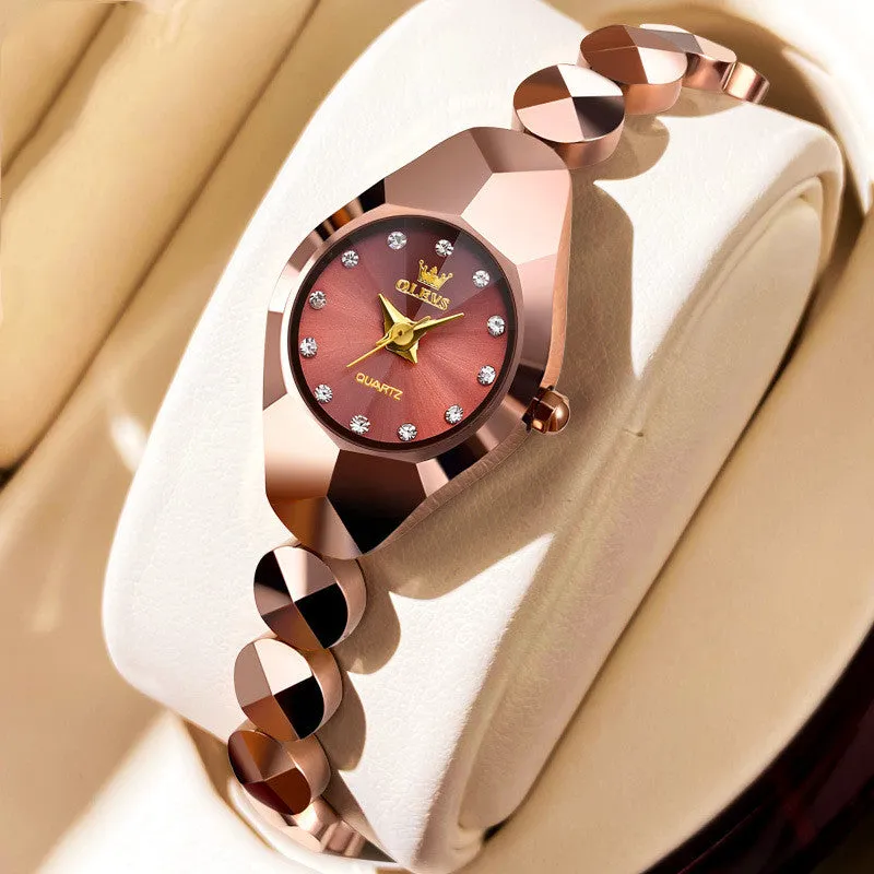 Rose gold plated ceramic tungsten steel bracelet quartz watch with synthetic zircon stones, 20mm case, 21cm inner circumference