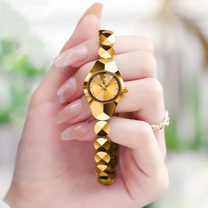Rose gold plated ceramic tungsten steel bracelet quartz watch with synthetic zircon stones, 20mm case, 21cm inner circumference