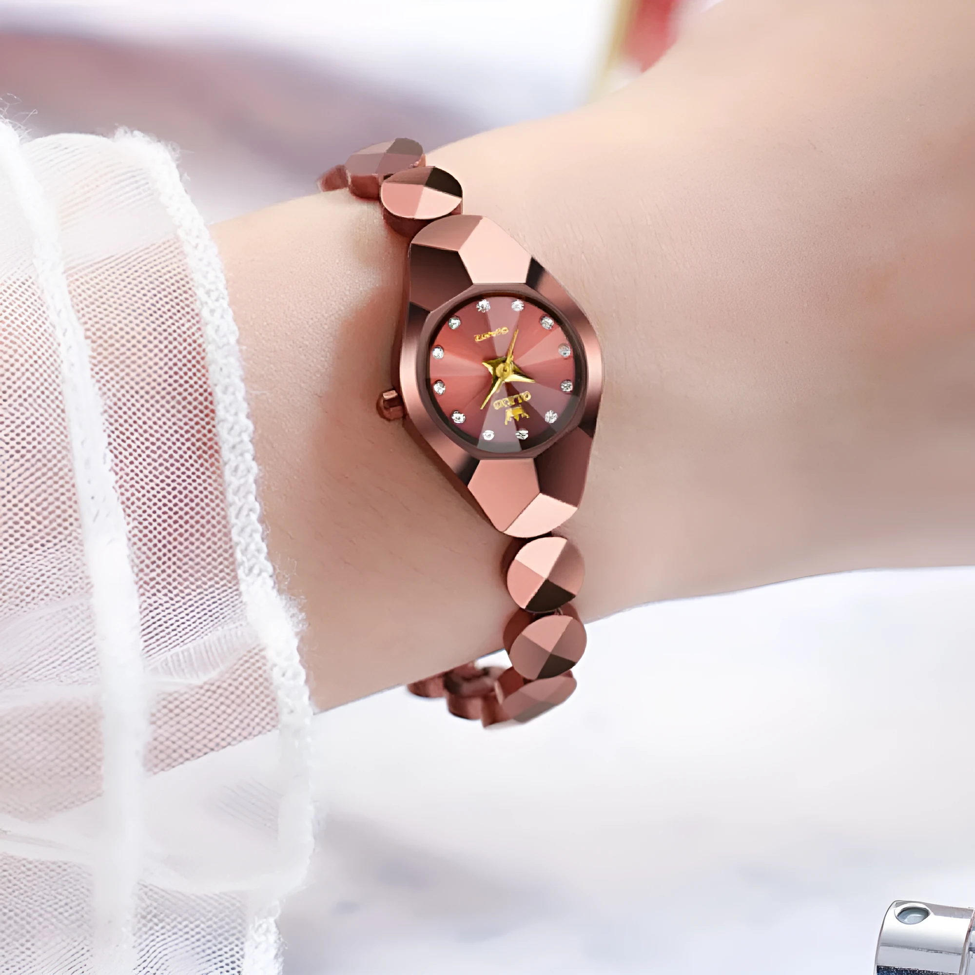 Rose gold plated ceramic tungsten steel bracelet quartz watch with synthetic zircon stones, 20mm case, 21cm inner circumference