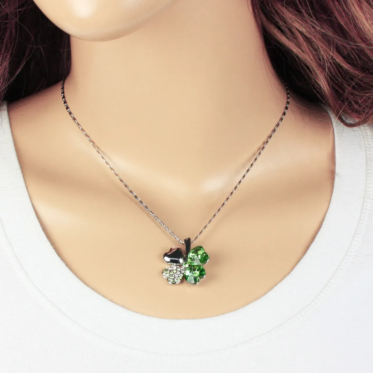 Crystal Clover Necklace Love Clover pendant in clear green colour on chain