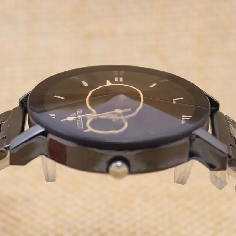 Black steel strap quartz analogue watch with metal case and glass mirror for men and women