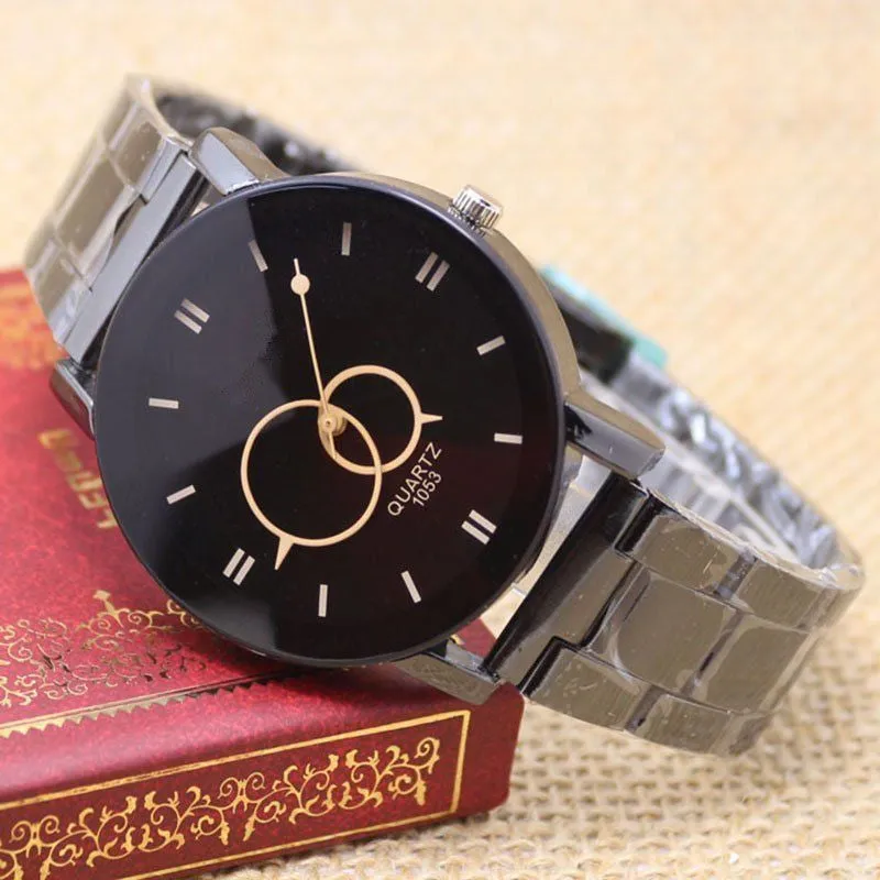 Black steel strap quartz analogue watch with metal case and glass mirror for men and women