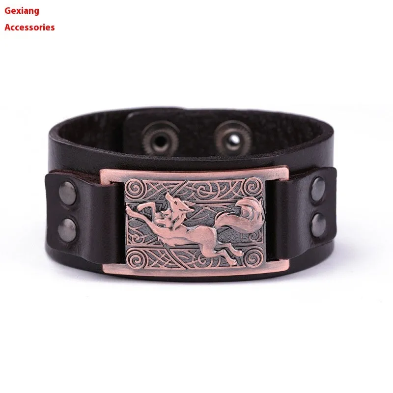 Teen Wolf leather cuff bracelet with metal buckle on a brown background