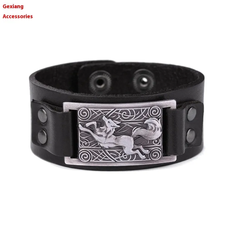 Teen Wolf leather cuff bracelet with metal buckle on a brown background