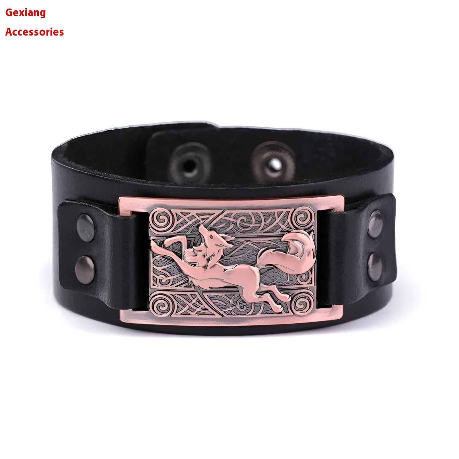 Teen Wolf leather cuff bracelet with metal buckle on a brown background