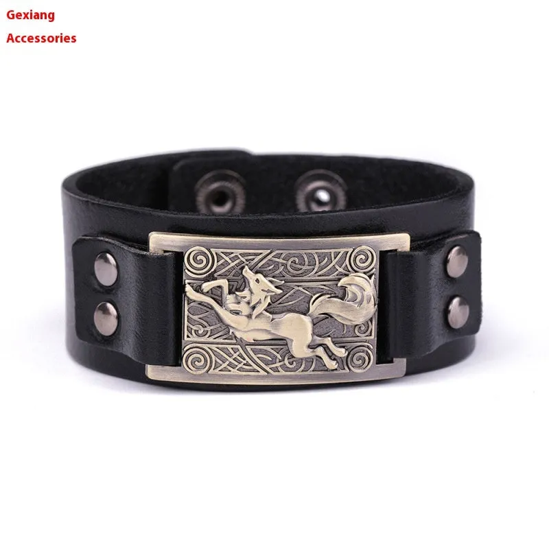 Teen Wolf leather cuff bracelet with metal buckle on a brown background