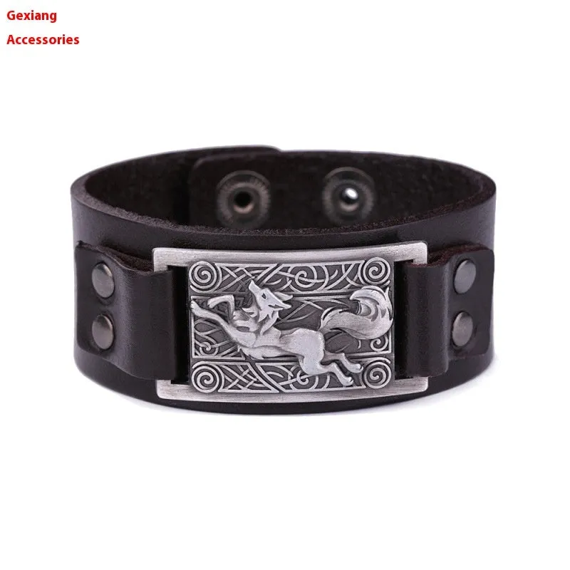 Teen Wolf leather cuff bracelet with metal buckle on a brown background