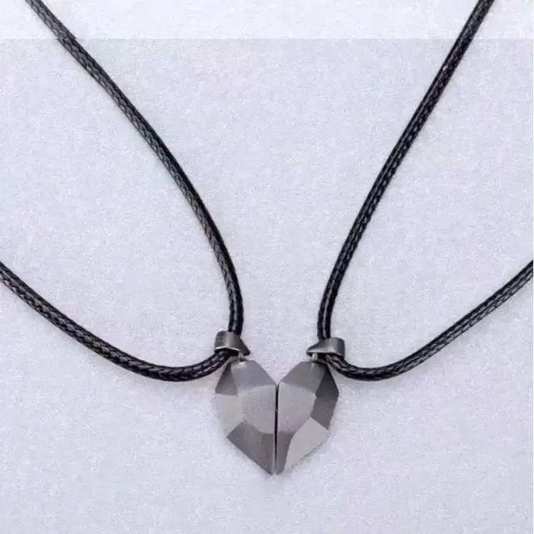 Alloy couple necklace with heart pendant on 60cm chain, black finish, unisex style