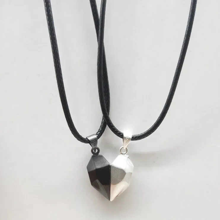 Alloy couple necklace with heart pendant on 60cm chain, black finish, unisex style