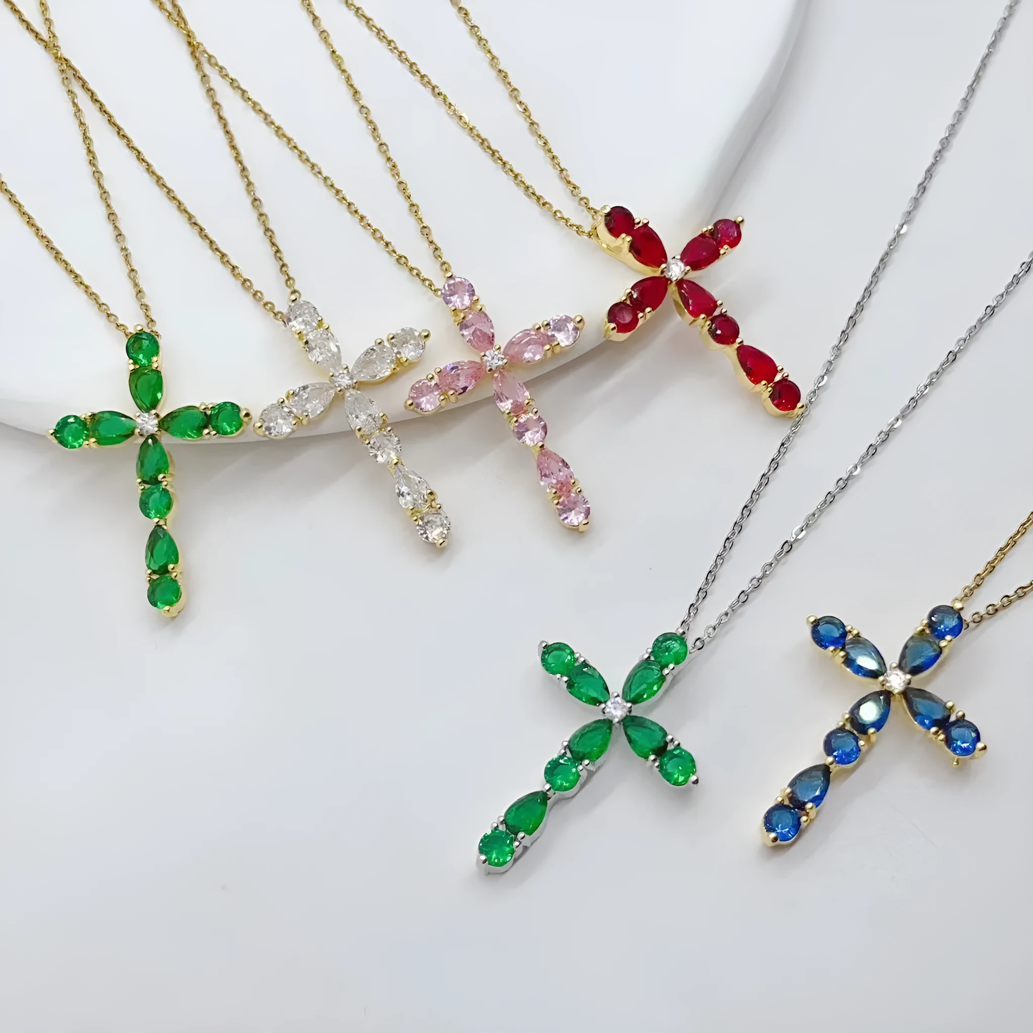 Micro inlay colourful zircon water drops cross necklace on copper O-ring chain adjustable 41-50cm