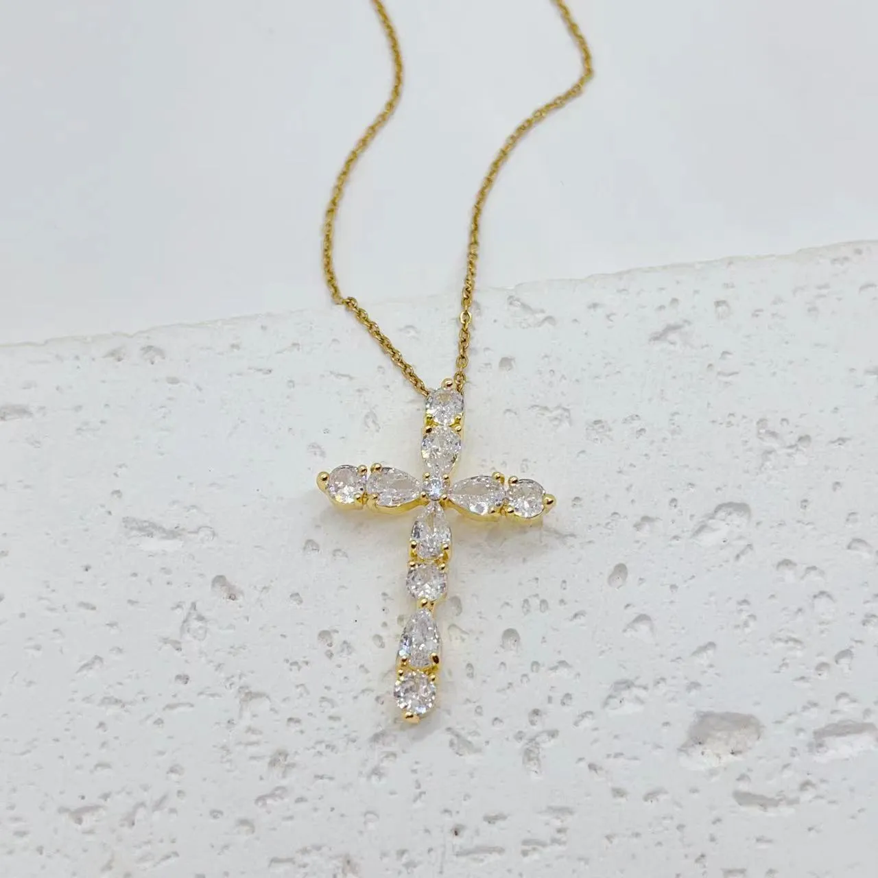 Micro inlay colourful zircon water drops cross necklace on copper O-ring chain adjustable 41-50cm