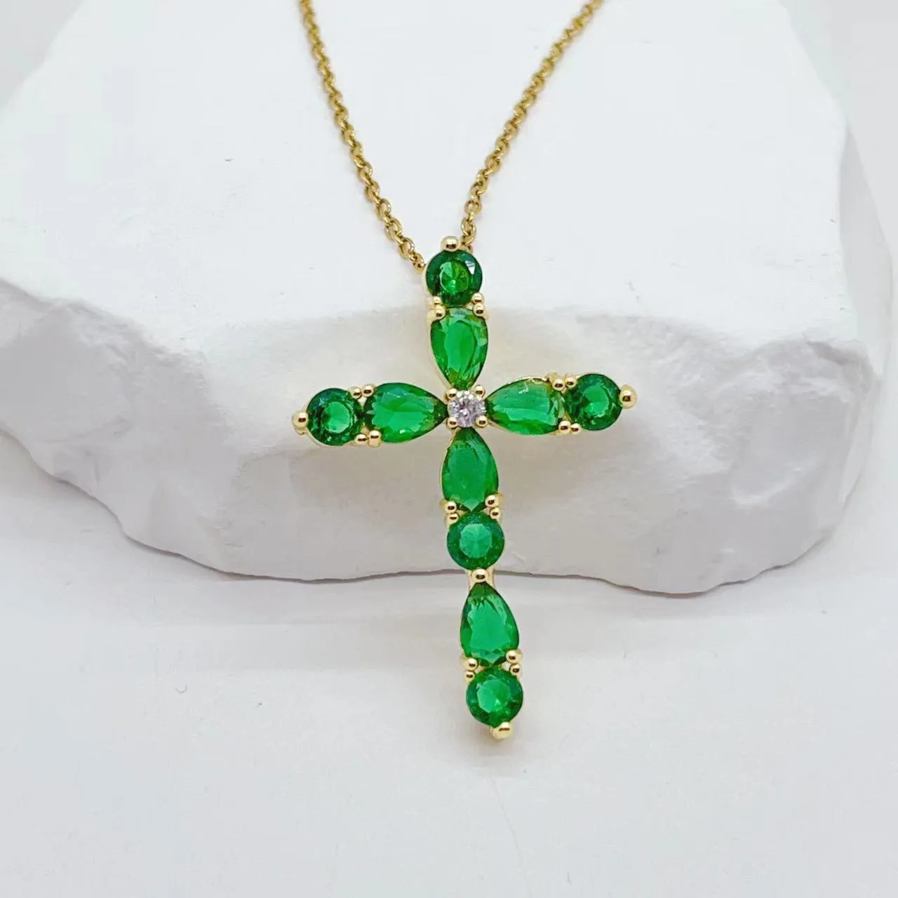 Micro inlay colourful zircon water drops cross necklace on copper O-ring chain adjustable 41-50cm