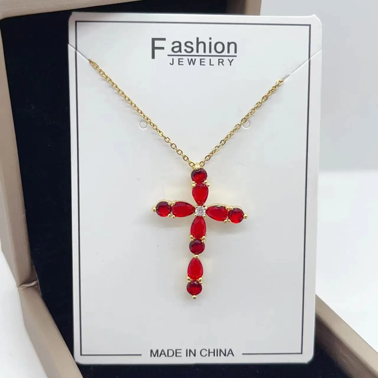 Micro inlay colourful zircon water drops cross necklace on copper O-ring chain adjustable 41-50cm