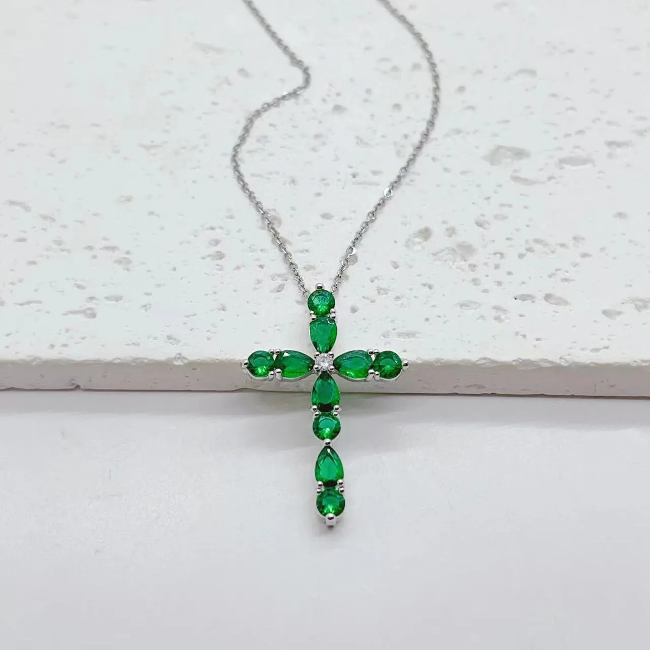 Micro inlay colourful zircon water drops cross necklace on copper O-ring chain adjustable 41-50cm