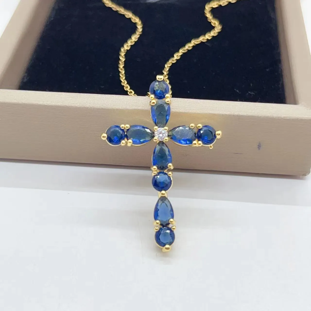 Micro inlay colourful zircon water drops cross necklace on copper O-ring chain adjustable 41-50cm