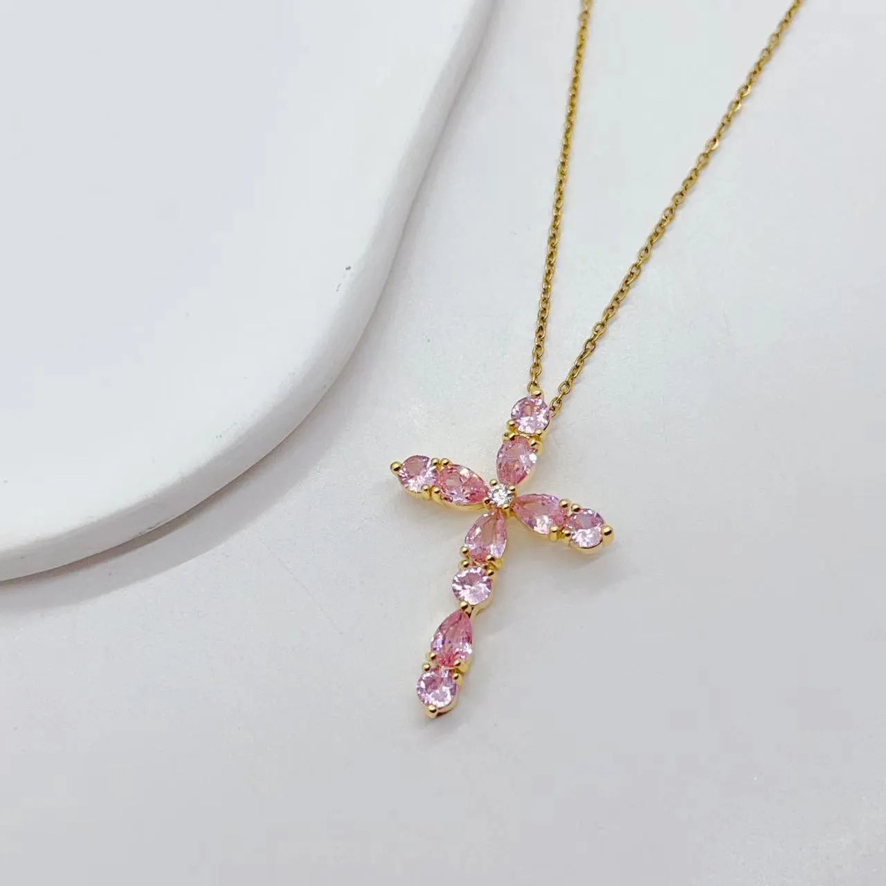 Micro inlay colourful zircon water drops cross necklace on copper O-ring chain adjustable 41-50cm